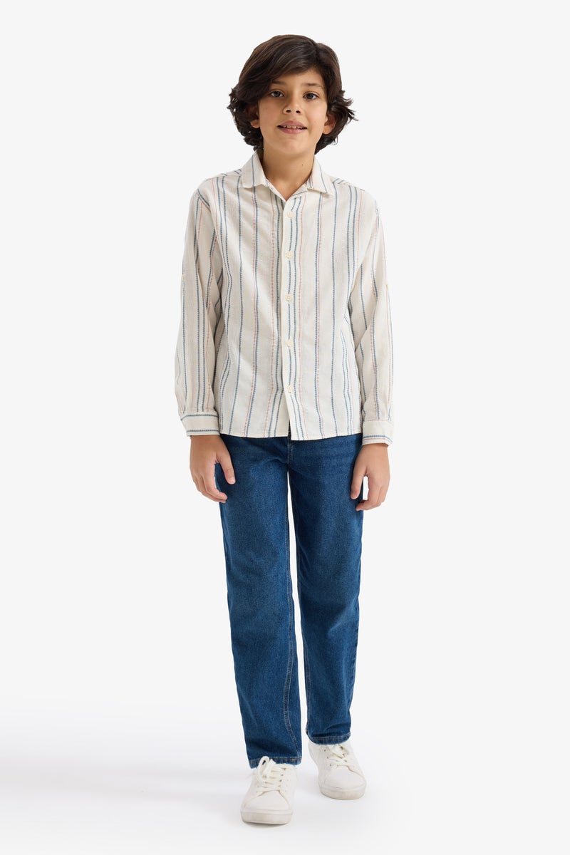 DeFacto Beige Boy Boy Oversize Polo Collar Striped Shirt Casual - Image 2